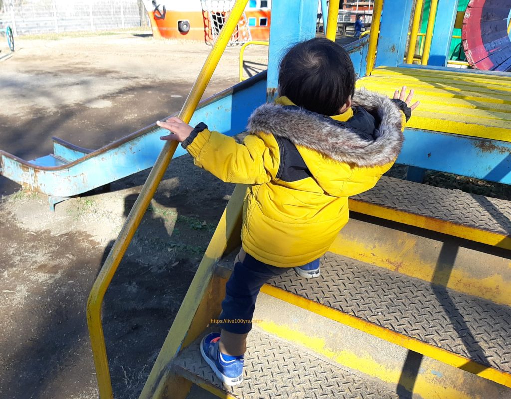 千葉県野田ポニー牧場内の遊具で遊ぶ１歳児