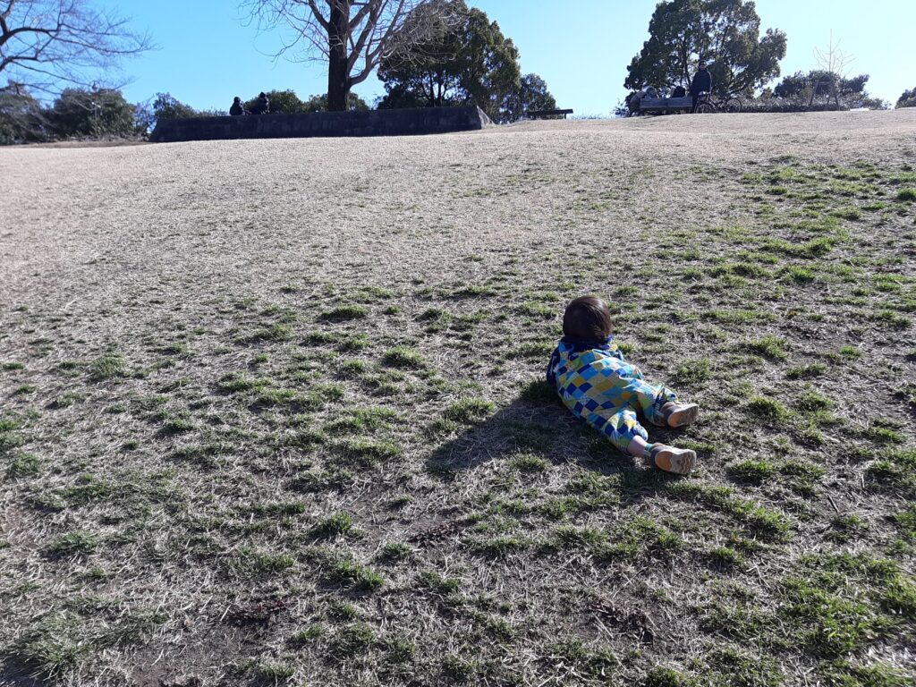 大宮第二公園菖蒲田の広場で遊ぶ1歳児